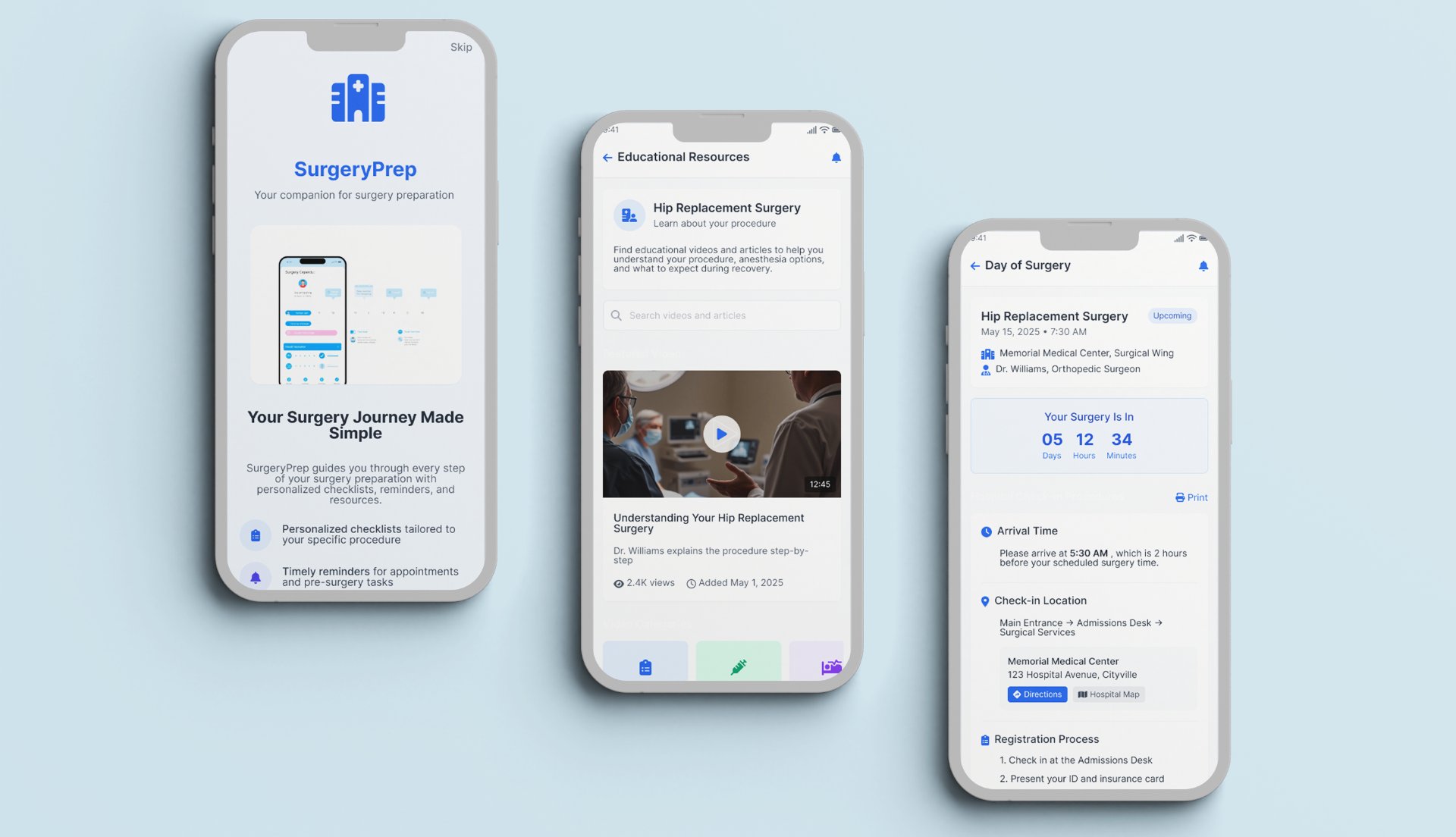 SurgeryPrep patient companion app screens
